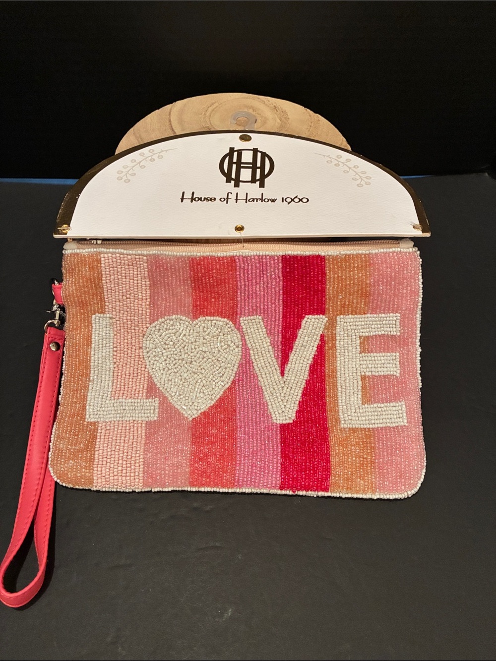 House of Harlow 1960 Multicolor Pink & Coral Beaded LOVE Wristlet Large 9x6